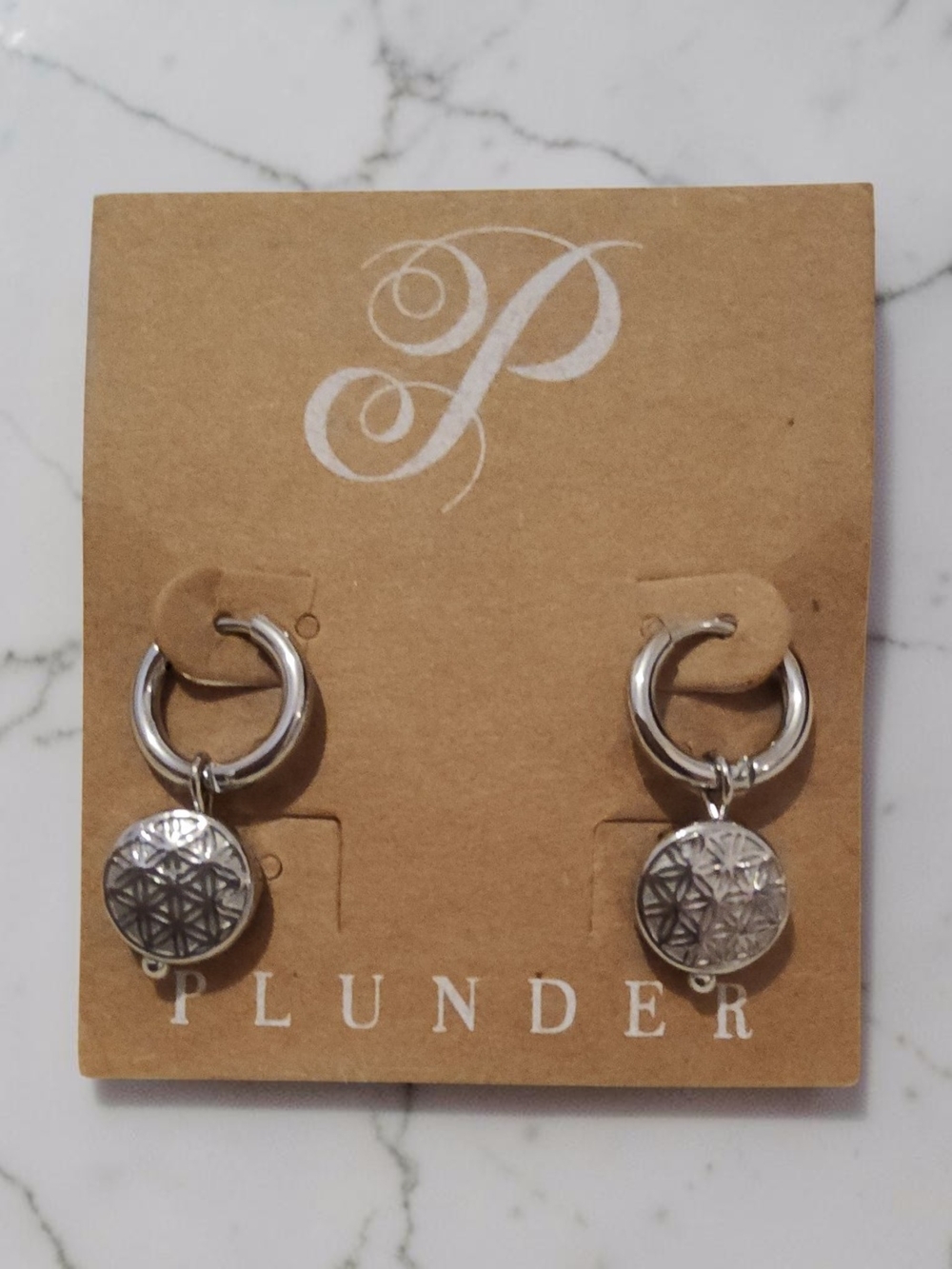 Plunder Silver Hoop Earrings with Textured Geometric Discs